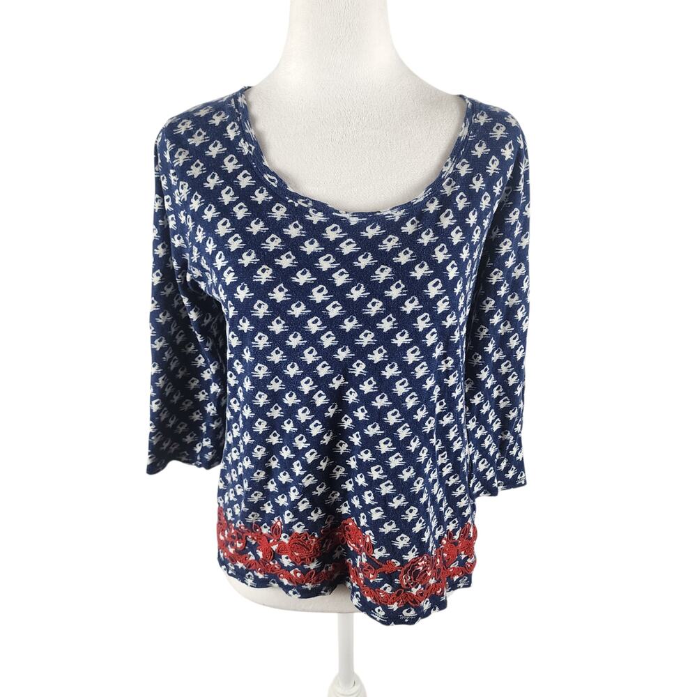 Lucky Brand Blue / White Print Abstract Red Embroidery 3/4 Sleeve Top Sz Medium